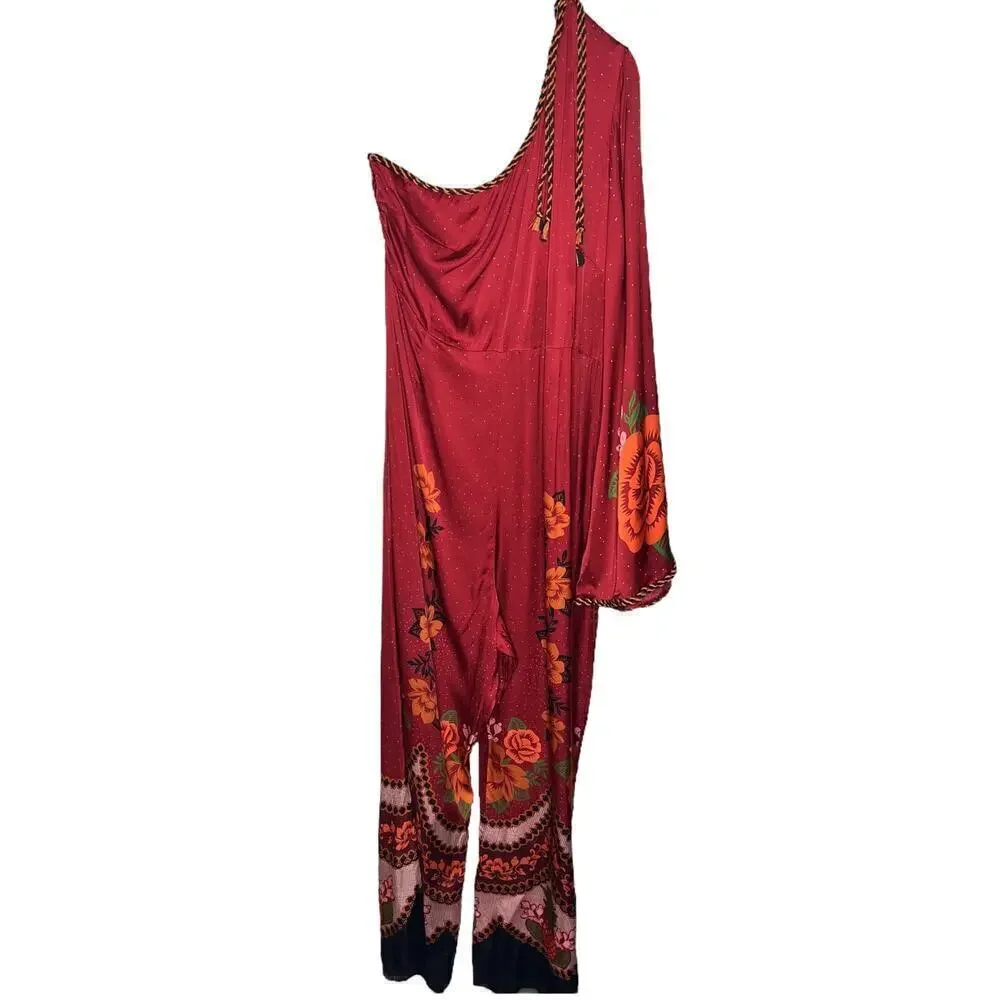 New Women’s Farm Rio x Anthropologie One Shoulder Satin Jumpsuit Size XL